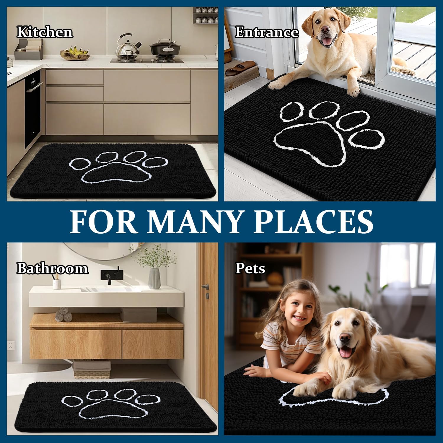 OLANLY Dog Door Mat - Absorbent Non-Slip Mud Mat for Paws | 59x35 Black Chenille Design