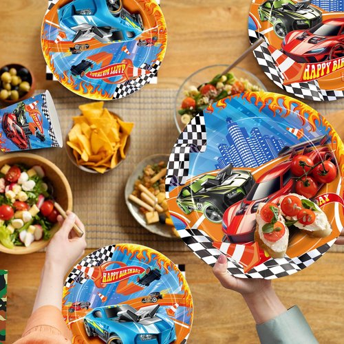 179pcs Racing Car Plates Napkins Birthday Party Decorations Disposable Tableware Set Paper Cups Banner Tablecloth Hanging Swirls Race Car Party Supplies for Kids Boys Birthday Decor 24 Guests