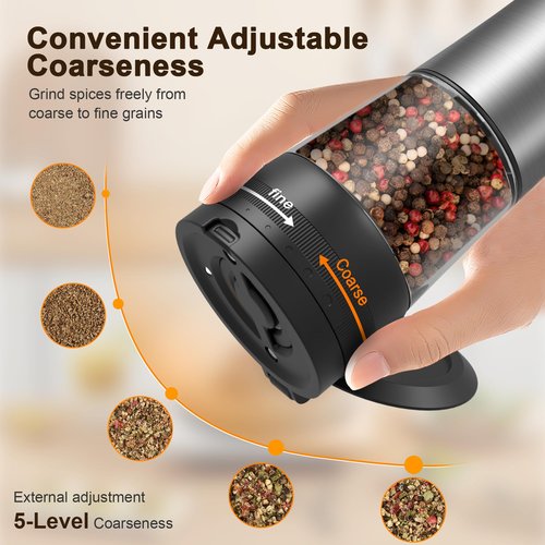 Electric Salt and Pepper Grinder Set, 2-Speed Setting, Stainless Steel Rechargeable Automatic Pepper Mill Shakers with USB Charging Base,100ml Large Capacity, External Adjustable Coarseness,LED Light