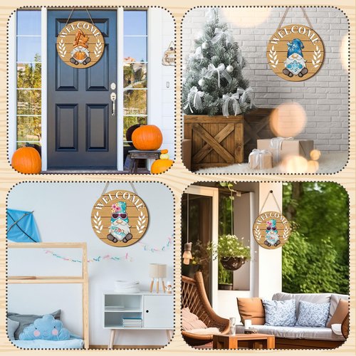 Qunclay Interchangeable Wooden Gnome Decor Holiday Seasonal Gnome Decorations with Magnet Pieces and Detachable Hats Changeable Welcome Sign for Home(Fresh Style)