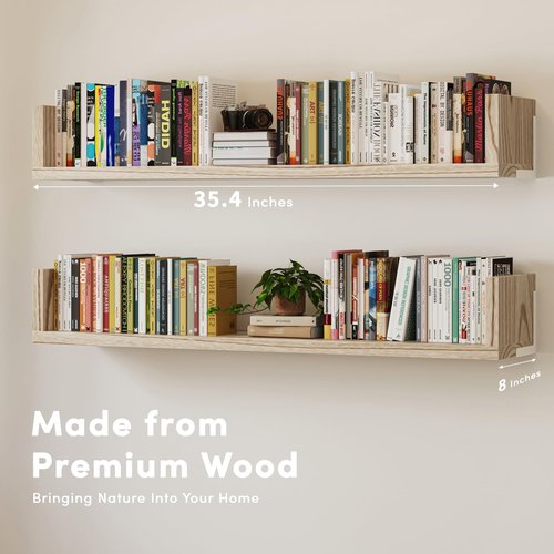 VMROF Wall Bookshelf, Set of 3, 36 Inches U Shaped Wall Shelves, Long Deep Floating Shelves, Large Floating Book Shelves - Wood Hanging Bookshelves for Kitchen, Bedroom (Light Brown, 35.4 Inches)
