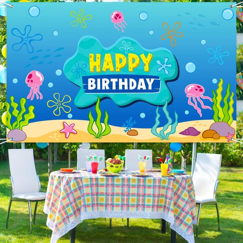 Under The Sea Happy Birthday Banner Backdrop Decoration, Ocean Photo Banner Background Ocean Jellyfish Seaweed Wall Décor for Birthday Baby Shower Party Photography Decorations, 73 x 43 Inch