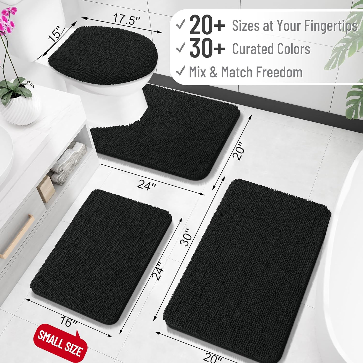 OLANLY Bathroom Rugs - Extra Soft Chenille Bath Mats | Quick Dry, Machine Washable, 30x18, Black