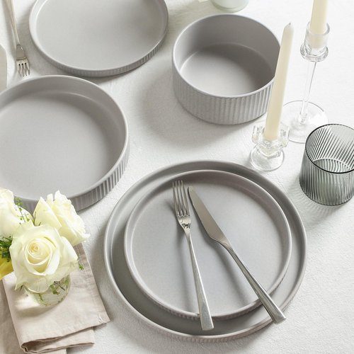 Stone Lain Haven Stoneware 16-Piece Dinnerware Set, Plates and Bowls Sets for 4, Grey Dish Set, Includes Dinner and Salad Plates, Cereal Bowls, Glassware, Microwave & Dishwasher Safe