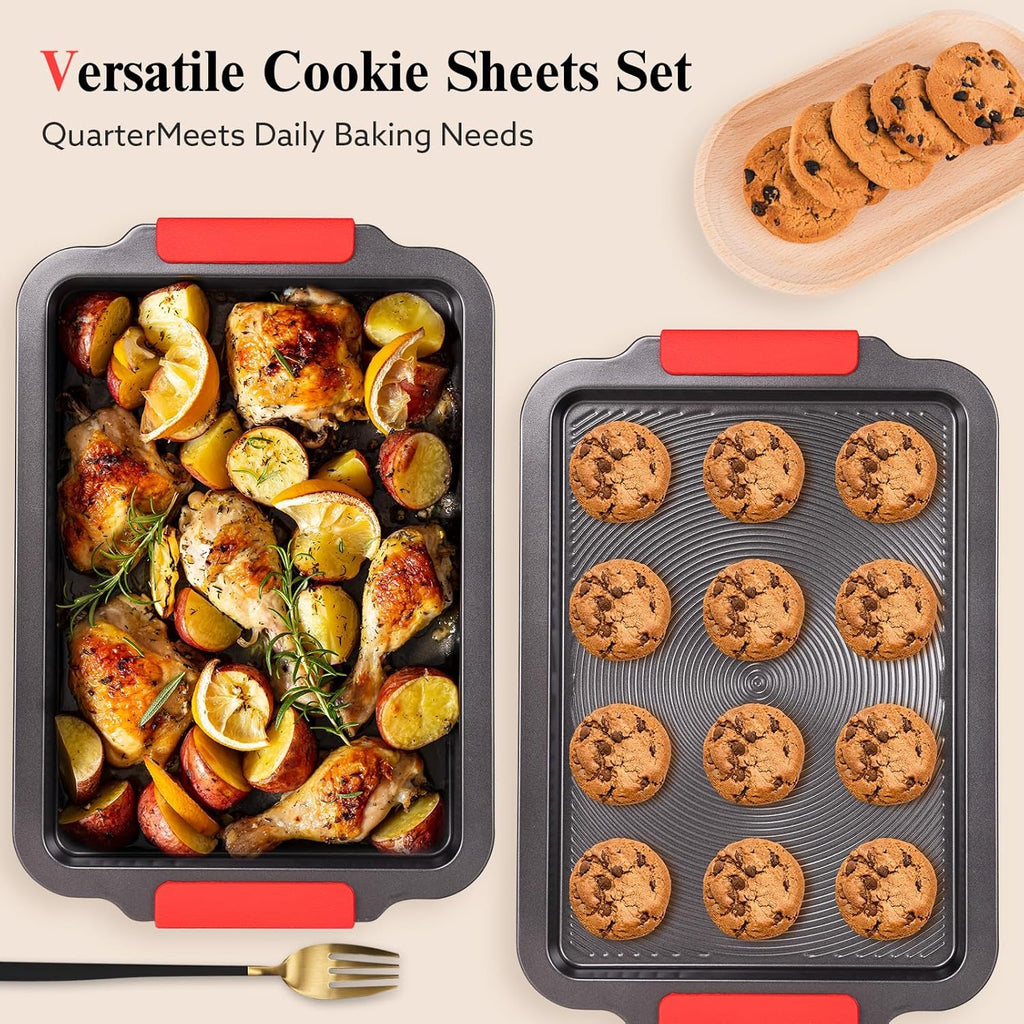 Skiennix Nonstick Baking Sheet - 16x11in Cookie Sheet with Circle Grooves & Red Grips | PFAS/PTFE Free, Gray
