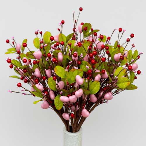 AXYLEX Valentines Day Decorations Floral Picks Stems - 8Pcs,16 Inch Artificial Pink Berry Heart Shaped Branches Gift for Wedding Home Vase Decor (PinkGreen)