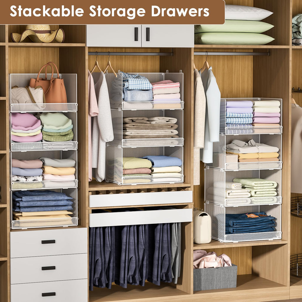 Tiaoheka 4-Tier Stackable Closet Organizers and Storage Shelves, Foldable Closet Shelf Organizer, Stackable Storage Bins Drawers for Closet Organizer System, White(Patent Pending)