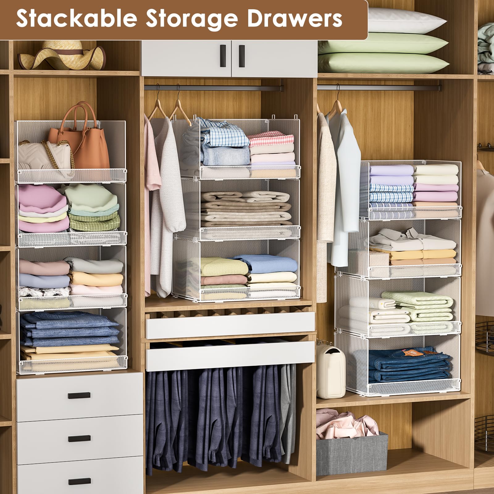 Tiaoheka 4-Tier Stackable Closet Organizers and Storage Shelves, Foldable Closet Shelf Organizer, Stackable Storage Bins Drawers for Closet Organizer System, White(Patent Pending)