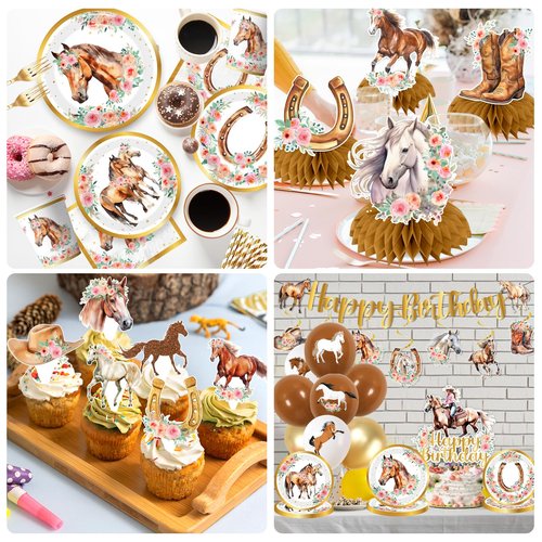 Cowgirl Birthday Party Decorations Tableware Set, Horse Party Supplies Includes Plates, Napkins, Cups, Banner, Hanging Swirl, Tablecloth, Cake Topper, for Girl Birthday Decorations, Serve 24