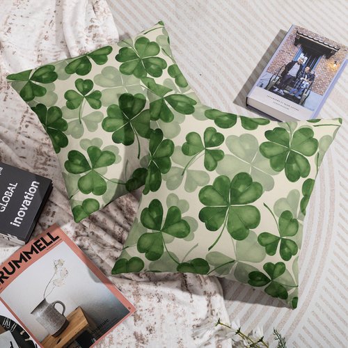 St Patricks Day Pillow Covers 18X18 Set of 2, Clover Print Saint Patrick's Dark Green Decorative Throw Pillow Covers Outdoor Farmhouse Holiday Shamrock Decoration Cushion Cases Couch Sofa Bed Decor