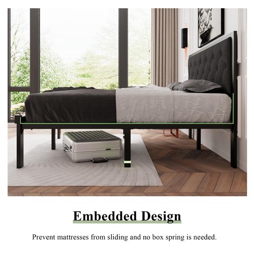 Feonase Full Size Metal Bed Frame, Heavy-Duty Platform Bed Frame with Linen Upholstered Headboard, 12" Storage Space, Steel Slats Support, No Box Spring Needed, Gray