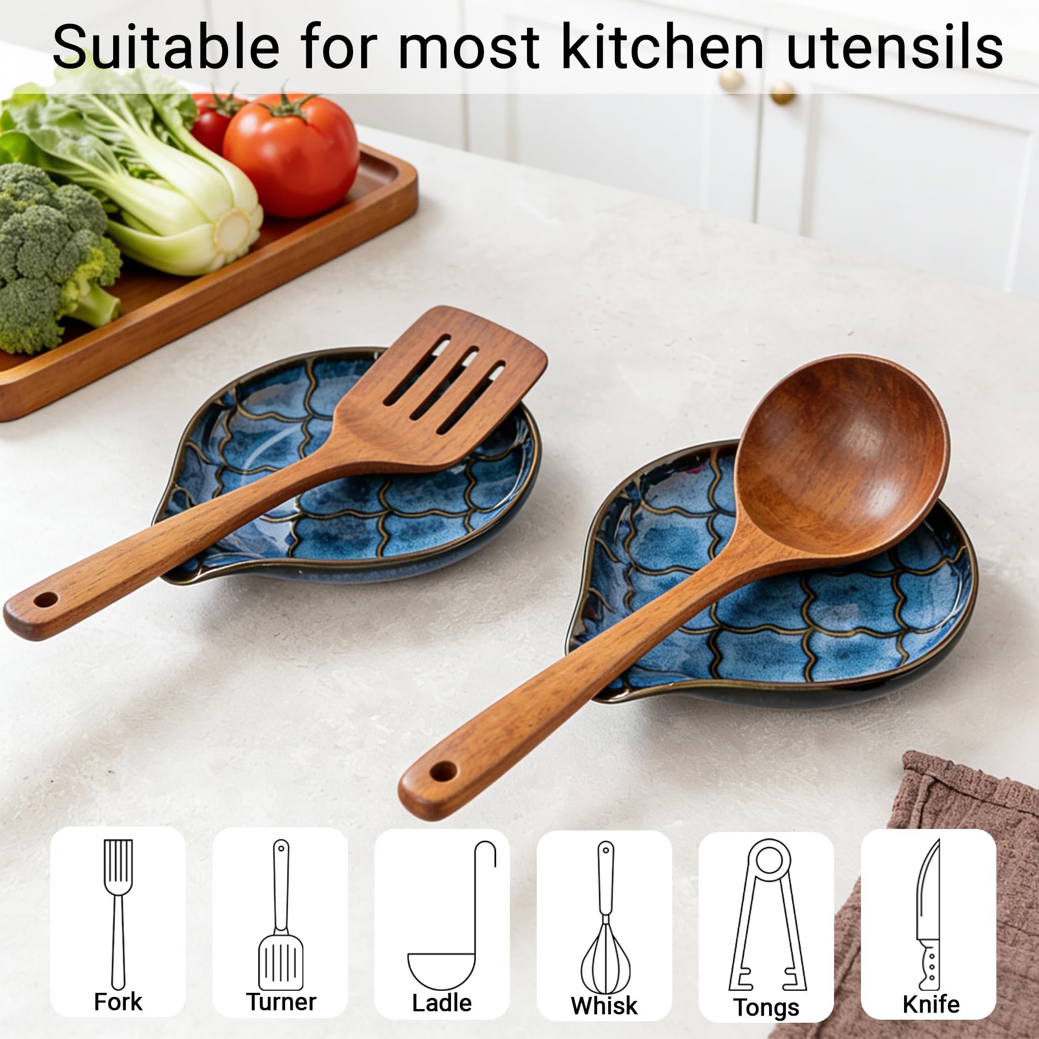 Spoon Rests, Large Ceramic Spoon Holder for Kitchen Counter, Farmhouse Cooking Utensil Holder for Spoons, Ladles, Spatula - Cooking Kitchen Spoon Rest Spatula Rest, 6 inch (Reactive Glaze Blue)