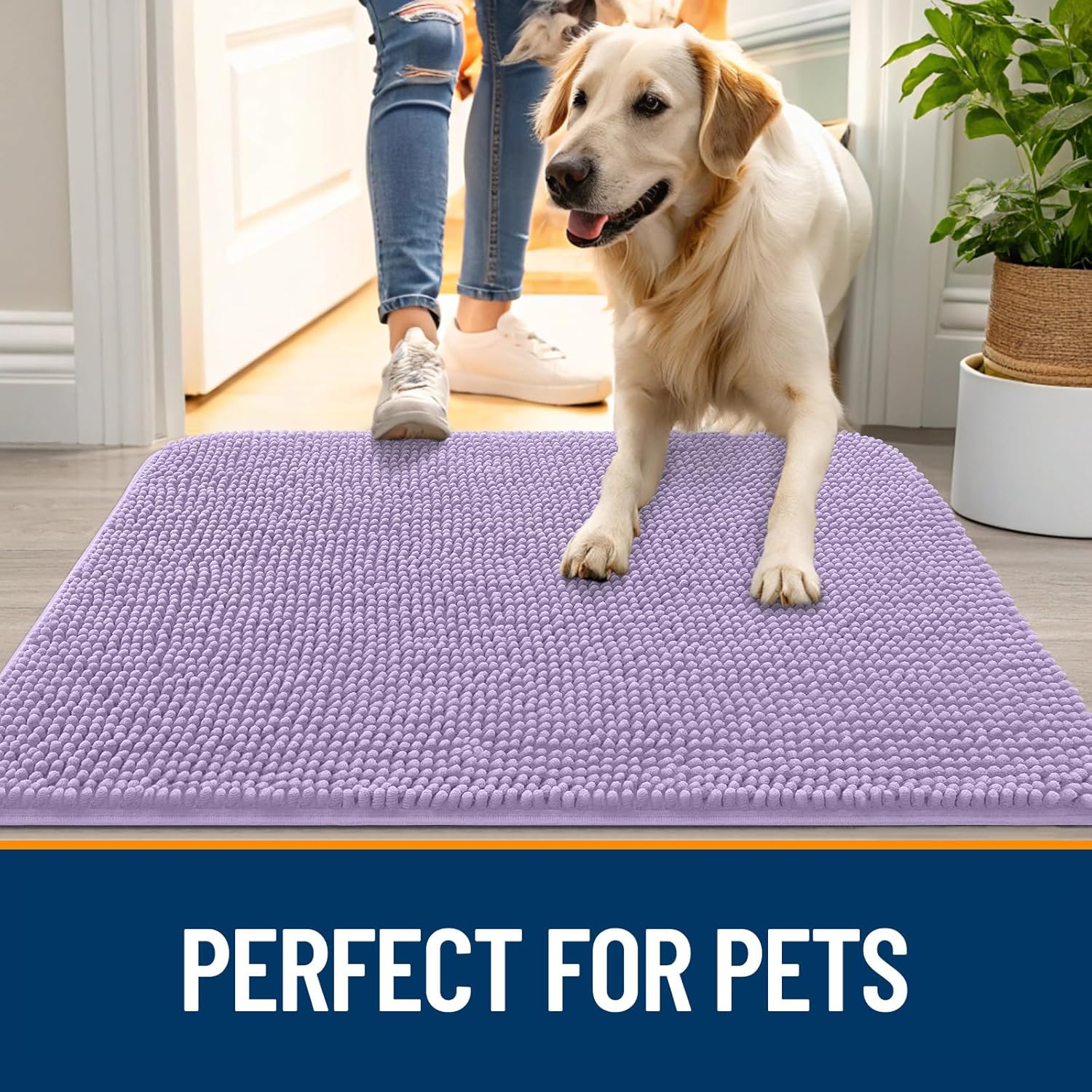 OLANLY Dog Door Mat - Absorbent Non-Slip Washable Chenille Mat for Muddy Paws | 47x24, Lavender