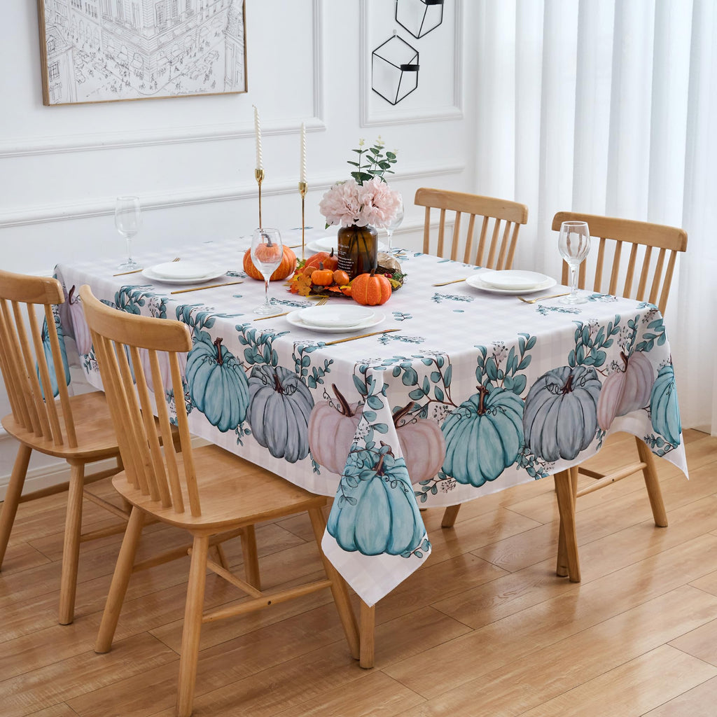 VEDACHIC Thanksgiving Tablecloth Blue Fall Pumpkin Buffalo Plaid Rectangle Table Cloth - 60x84 Inch Oblong Autumn Polyester Table Cover Reusable Water Resistant for Outdoor Holiday Party Picnic
