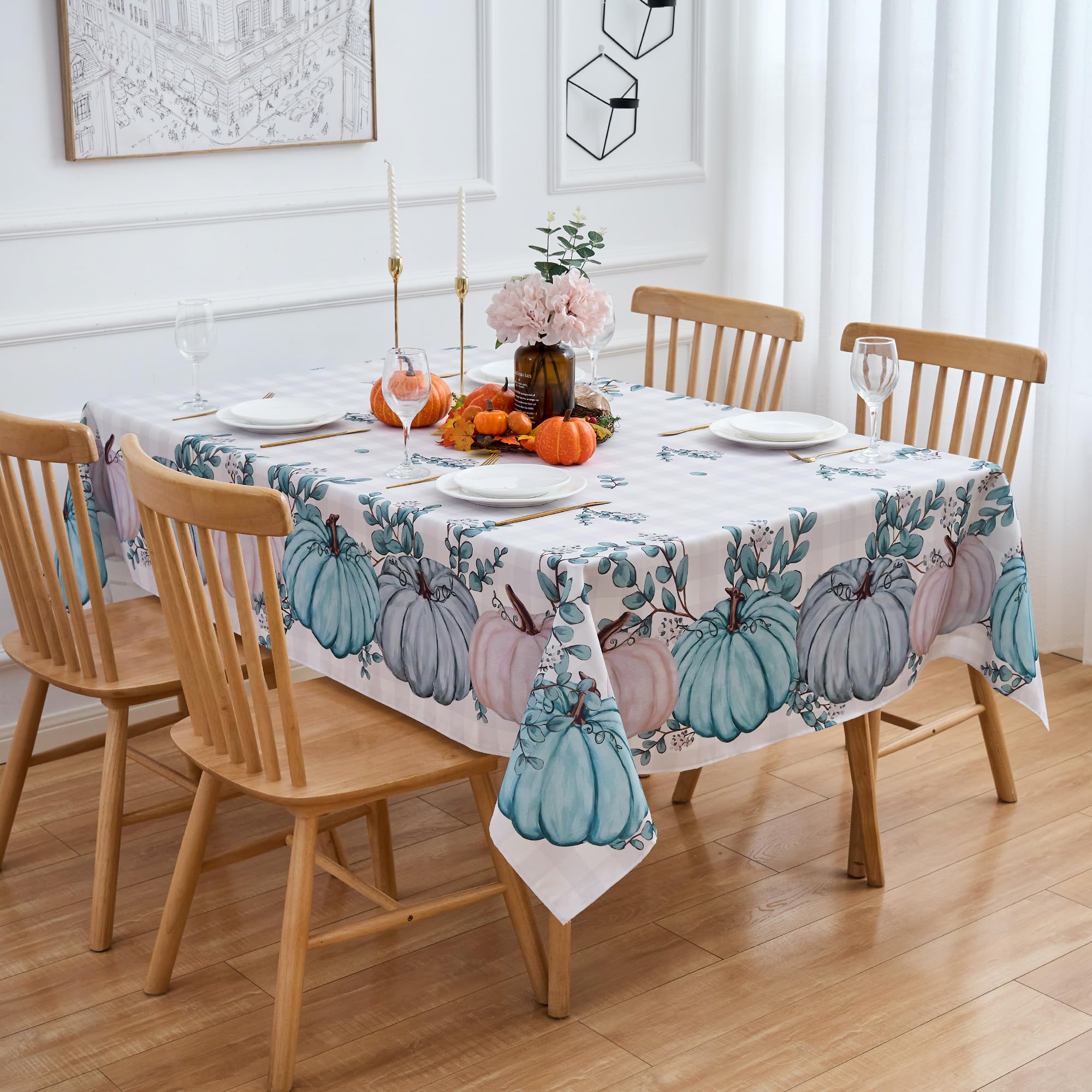 VEDACHIC Thanksgiving Tablecloth Blue Fall Pumpkin Buffalo Plaid Rectangle Table Cloth - 60x84 Inch Oblong Autumn Polyester Table Cover Reusable Water Resistant for Outdoor Holiday Party Picnic