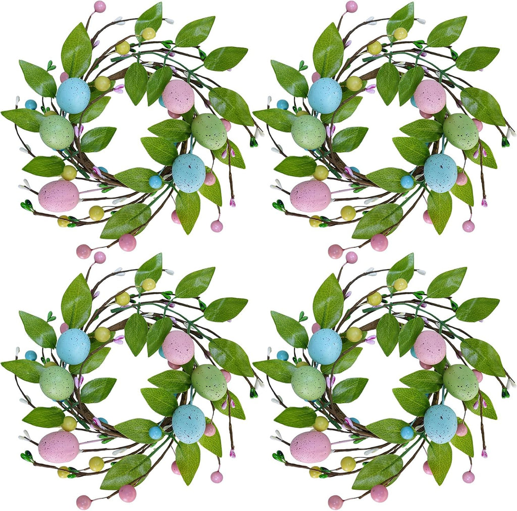 Winlyn Easter Egg Candle Rings - 4 Pcs Spring Wreaths with Pastel Eggs & Foliage | 11" Holiday Decor