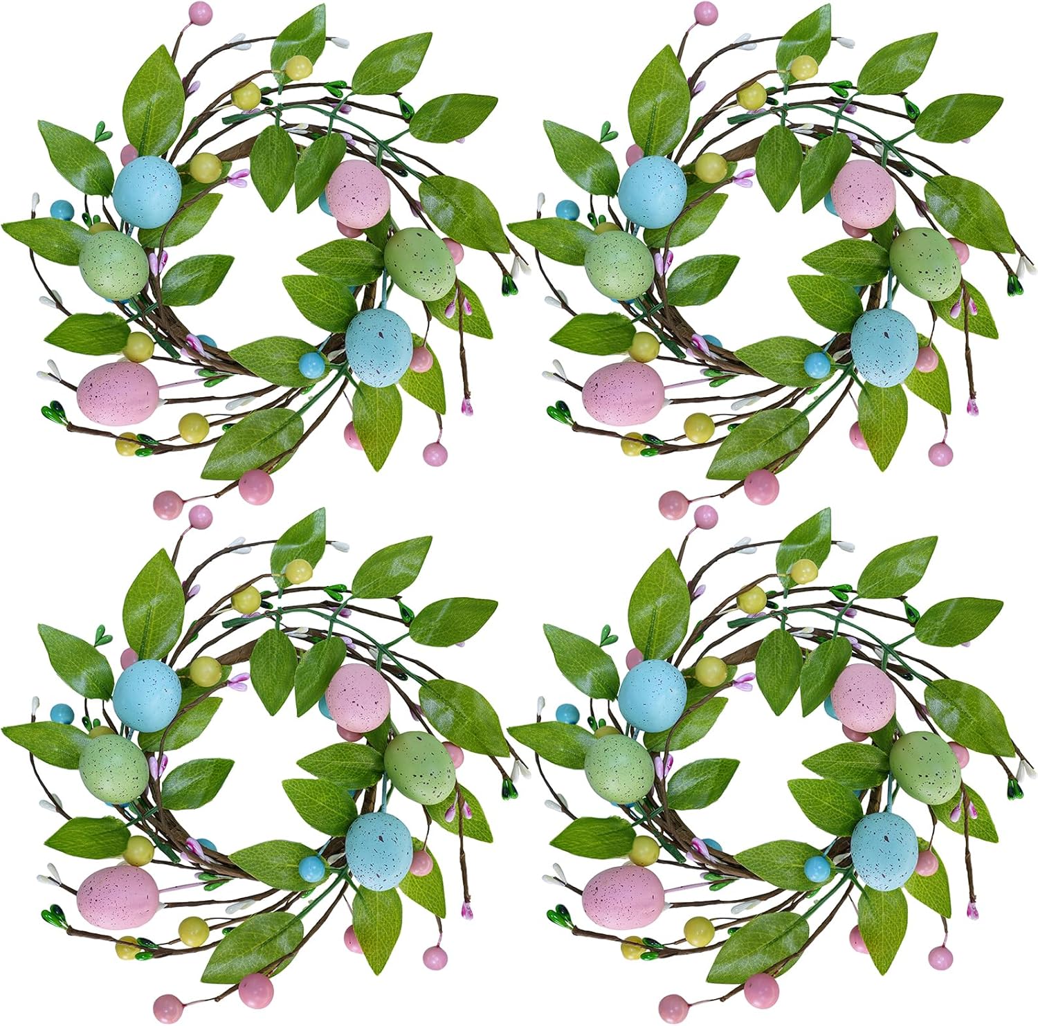 Winlyn Easter Egg Candle Rings - 4 Pcs Spring Wreaths with Pastel Eggs & Foliage | 11" Holiday Decor