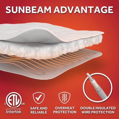 Sunbeam Electric Heated Mattress Pad Twin 75" x 39" 12 Heat Settings 12-Hour Auto Shut-Off Fast Heating Soft Cozy Fabric Deep Pocket Skirt Machine Washable