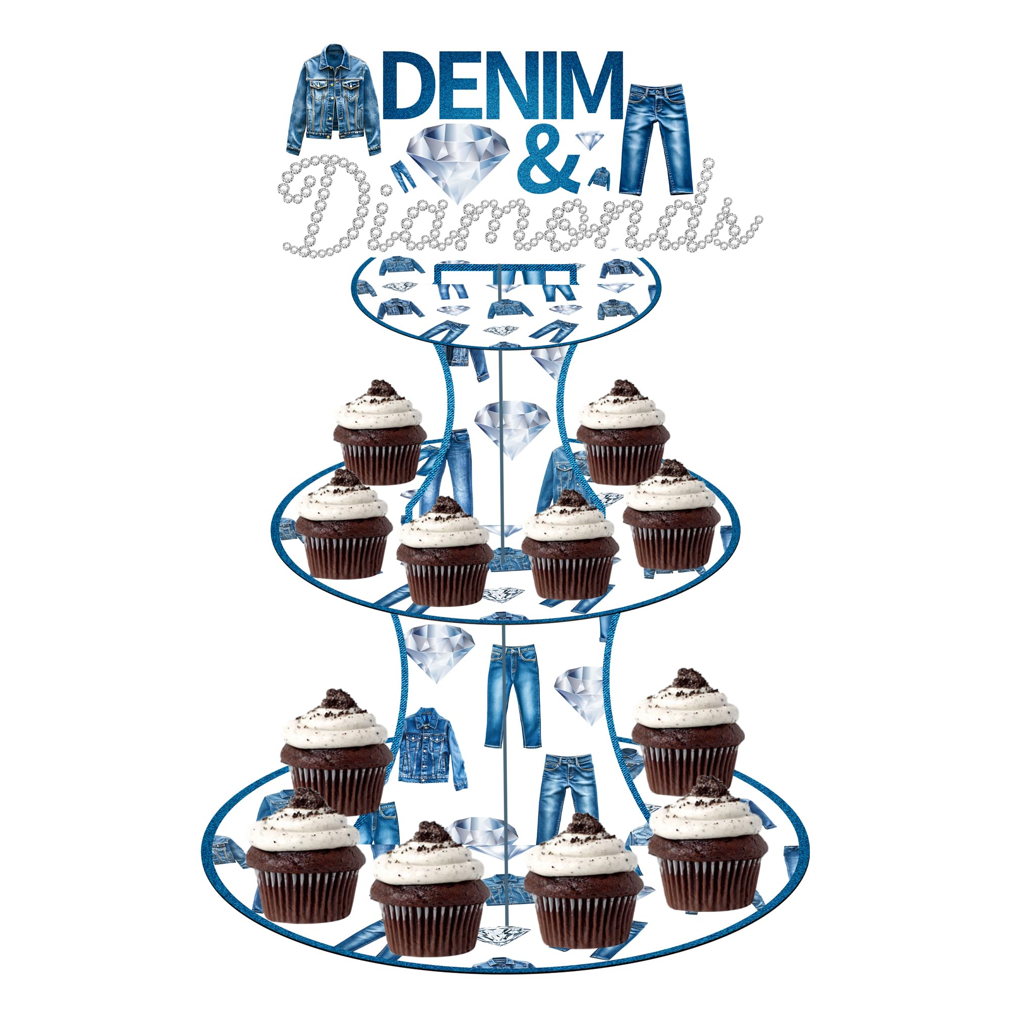 umoni Denim and Diamonds Cupcake Stand 3-Tier Denim Jean Cupcake Holder Denim Themed Party Dessert Tower for Crystal Diamonds Party Supplies