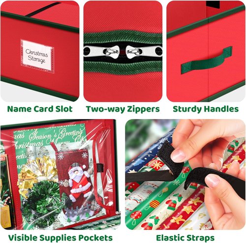 Fabspace Christmas Wrapping Paper Storage Containers - 40 Inch Gift Wrap Organizer with Visible Pockets | Red