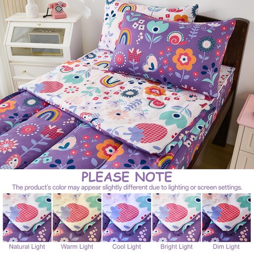 DJY Zipper Bedding Set Twin, Purple Floral Bedding Sets for Girls, Kids Comforter Set with Fitted Sheet Pillowcases, All in One Zipper Bed Set for All Seasons