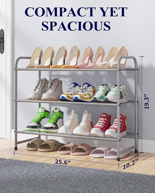 Kitsure Shoe Rack - Sturdy Stainless Steel Shoe Organizer for Closet & Entryway | 3-Tier, 25.6" Wide, Grey