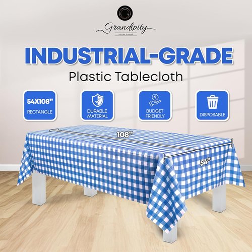 Grandipity Blue Gingham Checkered Tablecloths - Disposable 54" x 108" for 6ft to 8ft Rectangular Tables | 6 Pack Premium Quality