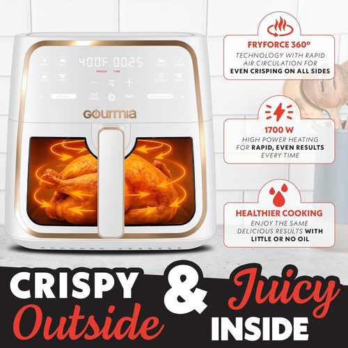 Gourmia 8 Qt Air Fryer - Digital Display, 8 Cooking Presets, FryForce 360° Technology, White
