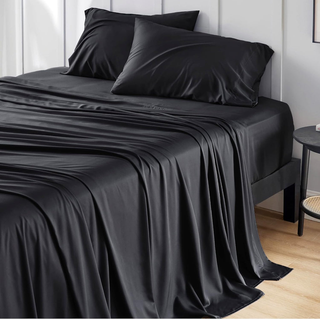 PureWoven King Size Sheet Set - Cooling Rayon Bamboo Sheets, Deep Pocket, Breathable & Soft, Black