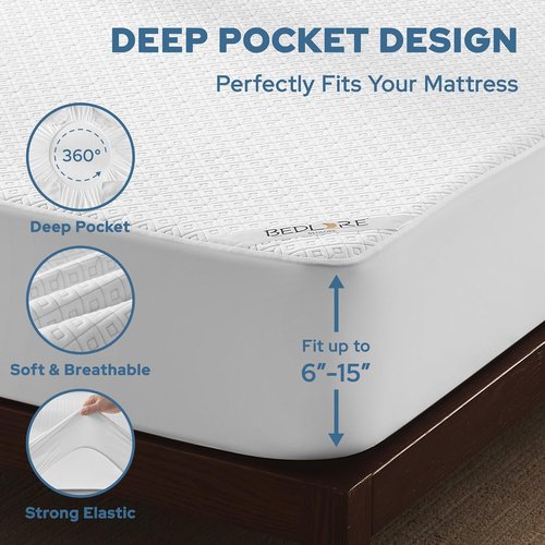 BEDLORE Waterproof Mattress Protector - Noiseless Cover with Stretchable Pockets for 6-15 Inch Mattresses | Soft & Breathable (White)