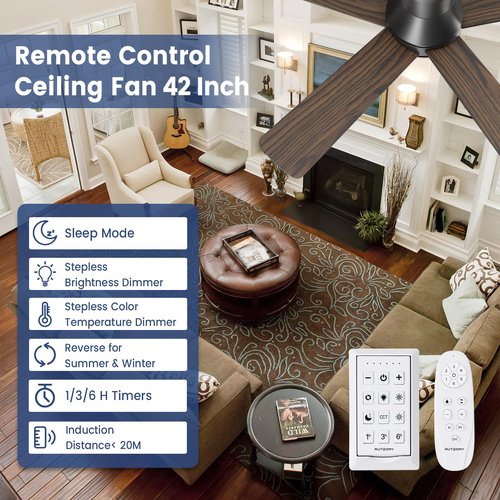 Autoday 42 Inch Ceiling Fans with Lights and Remote - Black Ceiling Fan with Light Low Profile, Flush Mount Indoor Outdoor Ceiling Fans for Patios Bedroom, 6 Speeds Reversible Quiet DC, 3CCT Dimmable