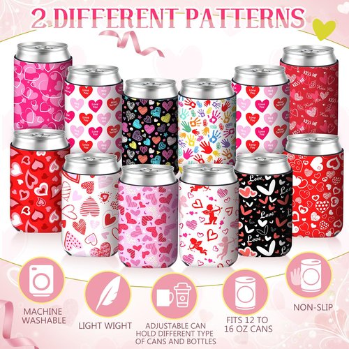 Tiamon 12 Pcs Valentines Day Can Coolers Sleeves Colorful Love Coolers Neoprene Drink Holders for 12 oz Beer Beverage Bottle Holiday Wedding Anniversary Party