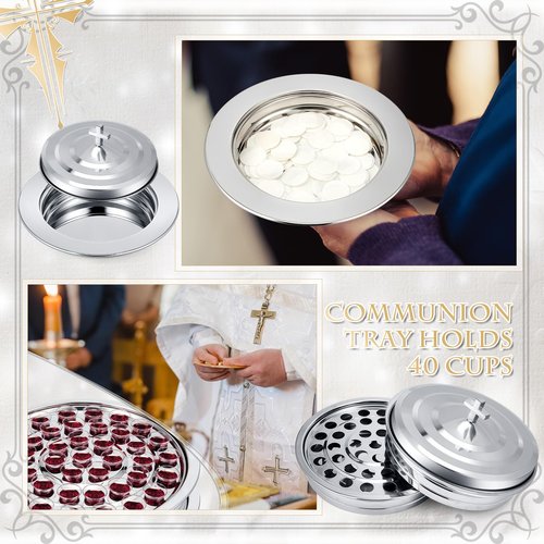 Zhehao 2 Pcs Communion Set Holy Trays for Churches with Lid Communion Plates with Lid Churches Cups Filler and Disposable Cups Supplies (Silver)
