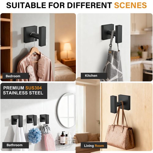 Matte Black Towel Hooks for Bathrooms, SUS304 Stainless Steel Shower Towel Hooks, Heavy Duty Robe Hook for Bathroom Kitchen, Square Coat Hooks for Hanging Towels,Coat,Robe&Sponge, Wall Mounted, 4Pack