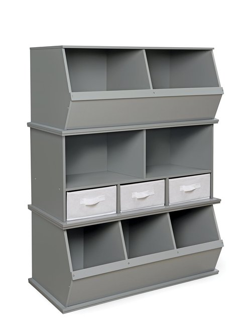 Badger Basket Stackable Toy Storage Organizer - 5-Shelf Modular Unit with 3 Removable Fabric Bins, Solid Panel Construction, Expandable Design for Toys and Crafts - Gray