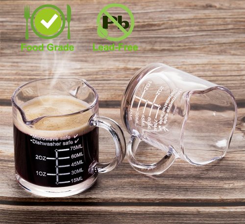 Ackers Etched Scale Espresso cup with Handle, Thickened Bottom and Wall, Double V-Shaped Spout,2.5OZ Milk Frothing Pitcher,75ML Milk Cup with Handle, Espresso Accessory(Pack of 2)