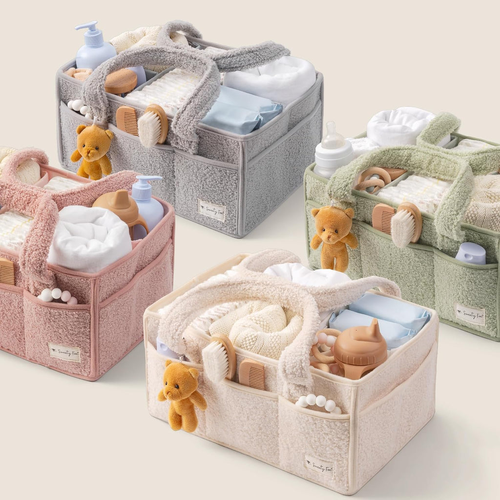 Sweety Fox Baby Diaper Caddy Organizer - Portable Sherpa Nursery Basket | Grey Car Diaper Organizer & Gift
