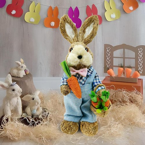 DearSun 14" Easter Bunny Figurine - Blue Sisal Rabbit Holding Carrots | Spring Table Decor for Home & Garden