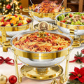 WARMOUNTS Gold Chafing Dishes for Buffet 4 Pack, 5QT Stainless Steel Round Chafers and Buffet Warmers Sets with Glass Lid & Lid Holder, Stackable Design, for Catering Events, Parties, Weddings