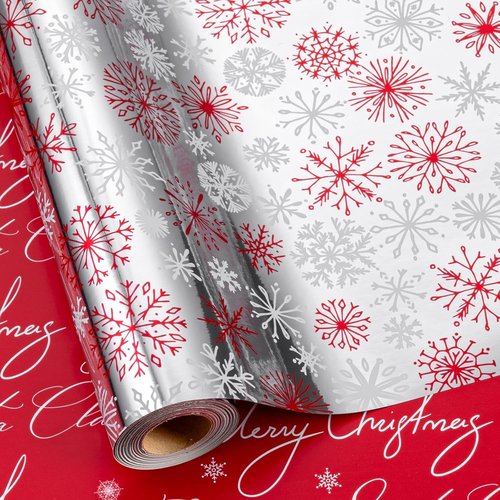 MAYPLUSS Christmas Wrapping Paper Roll - 17" x 33ft - Reversible Red & White Snowflakes for Holiday Gifts