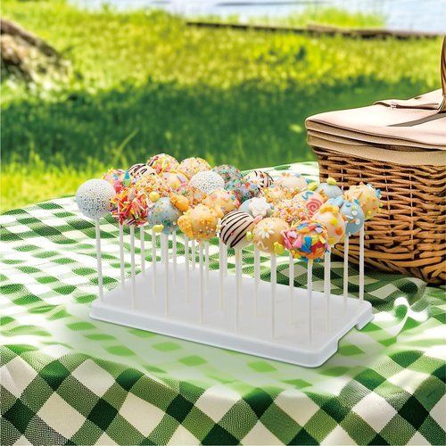 28 Holes Cake Pop Stand for Cake Pops, Lollipop Hold Stand, Cake Pop Display Holder, Candy Pop Holder with 100 Pcs Cake Pop Sticks, 100 Pcs Cake Pop Bags, 100 Pcs Gold Twist Ties(White)