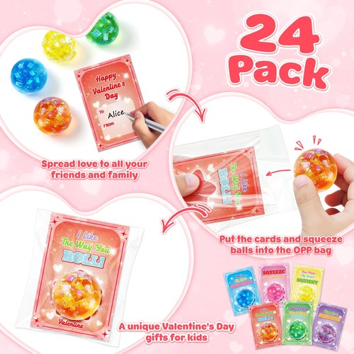 Valentines Day Cards for Kids School - 24 Pack Glitter Stretchy Balls, Valentines Day Gifts for Kids, Squeeze Stress Fidget Toys for Classroom Prize Exchange, Valentine Party Favors for Boys Girls