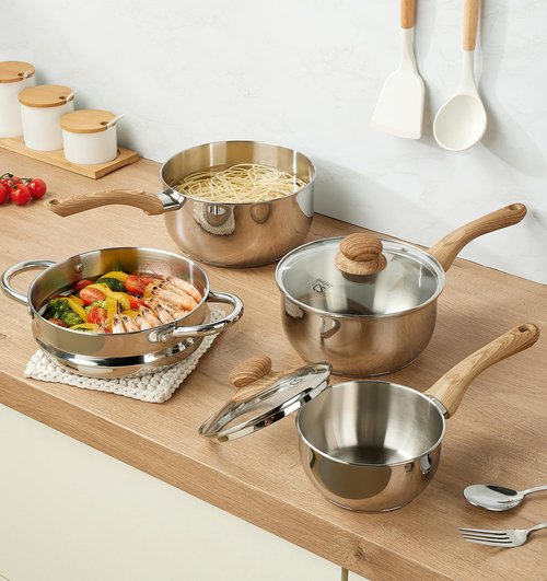 KOCH SYSTEME CS Stainless Steel Saucepan Set with Steamer, 18/10 Stainless Steel Pots 1QT& 2QT & 3QT, Sauce Pan Set with Cool-Touch Handles, Tri-Ply Steel Base, Induction Compatible Pots