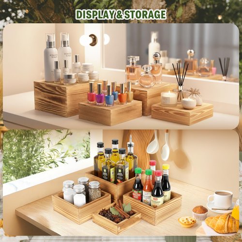 Budiwati 8-Pack Pine Wood Buffet Risers, Multi-Size Nesting Cube Food Display Stands for Buffet Table & Catering, Hollow Bottoms Food Risers for Multi-Level Buffet Presentation