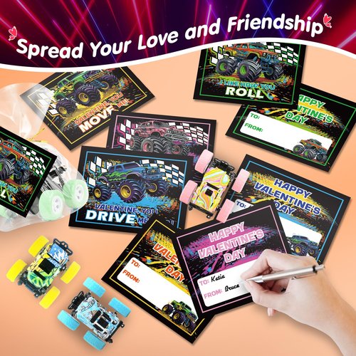 24 Pack Valentines Day Cards with Monster Truck Toy for Kids School, Valentines Day Gifts for Kids, Valentine Greeting Cards Exchange for School Classroom, Party Favors Prizes for Boys Girls