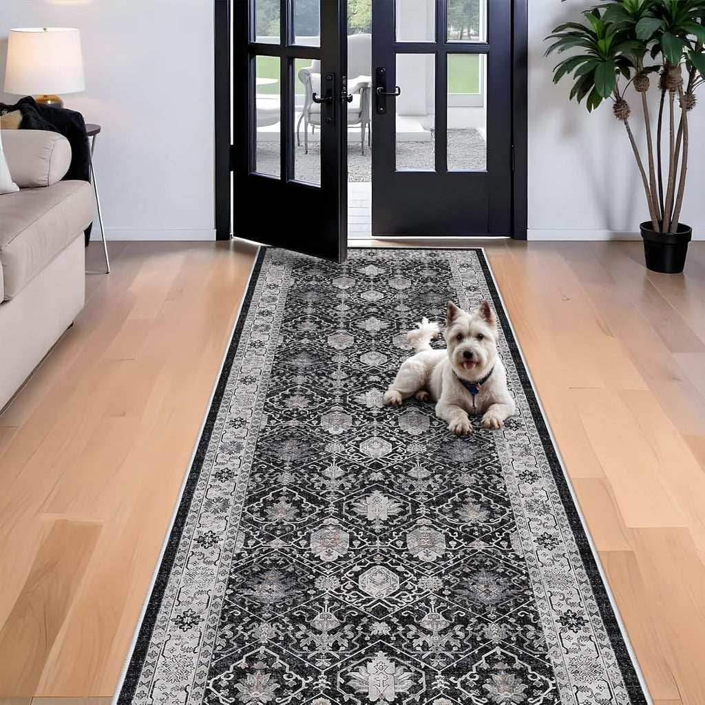 Skiennix Washable 4x12 Hallway Runner Rug - Vintage Soft Carpet, Stain Resistant, Non-Slip Backing | Black
