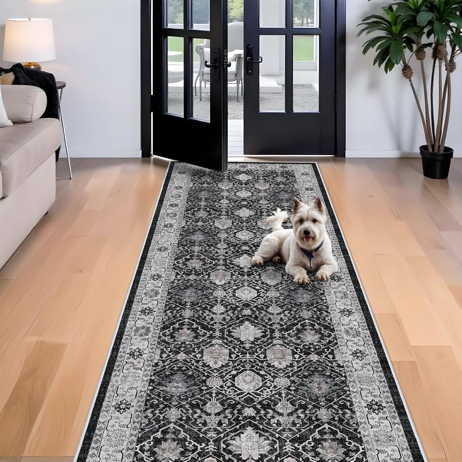 Skiennix Washable 4x12 Hallway Runner Rug - Vintage Soft Carpet, Stain Resistant, Non-Slip Backing | Black