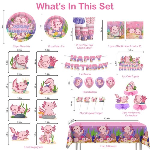 Xynic Axolotl Birthday Decorations Pink Axolotl Party Decorations Cake Cupcake Topper Balloons Banner Plates and Napkins Table Cloth Axolotl Party Supplies for Girls Cartoon Fun Animal Party
