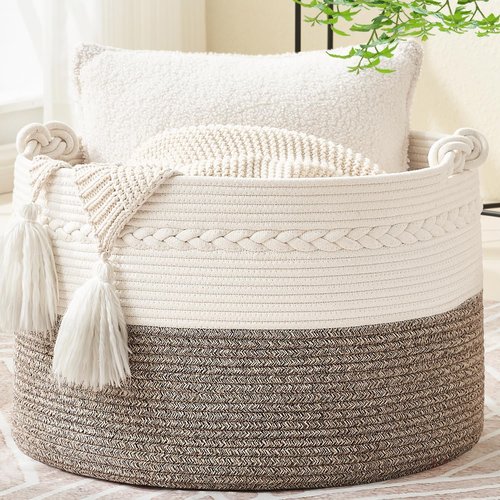KAKAMAY Large Cotton Rope Blanket Basket - Stylish Storage for Baby Laundry & Toys | 20"x13" White/Beige