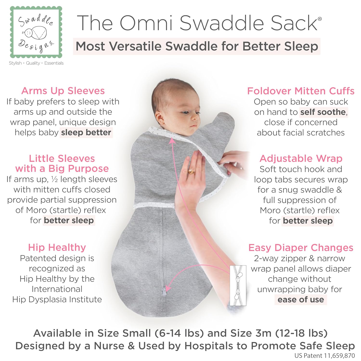 SwaddleDesigns 6-Way Omni Swaddle Sack - Arms Up Design for Newborns | Enhances Sleep, Small, 0-3 Months, Heathered Gray